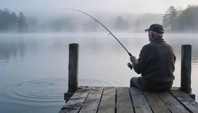 Senior angler fishing at misty dawn on wooden dock, tranquil lake morning, serene solitude