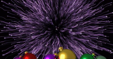 Vibrant Fireworks Display Over Colorful Christmas Baubles