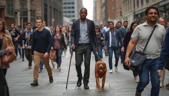Visually Impaired Man Walking with Guide Dog on Busy Urban Street