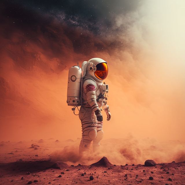 Astronaut exploring planet mars with dust, created using generative ai technology. Space, planets and astronaut concept, digitally generated image.