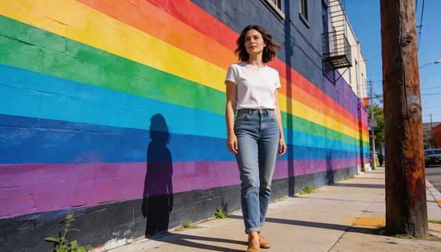 Woman walking past vibrant rainbow mural on sunlit sidewalk wearing jeans and white tee