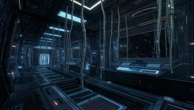 Futuristic spaceship corridor with glowing digital consoles