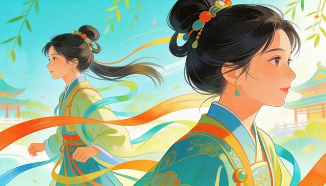 Two asian women wearing ornate hanfu walking through palace garden with flowing ribbons