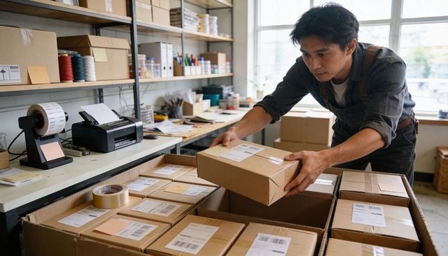 Asian Business Owner Packing Labeled Boxes for Fulfillment and Shipping Operations