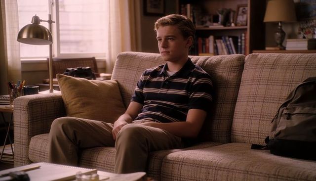 Teen sitting on plaid sofa wearing navy-striped polo and khaki pants studying at home