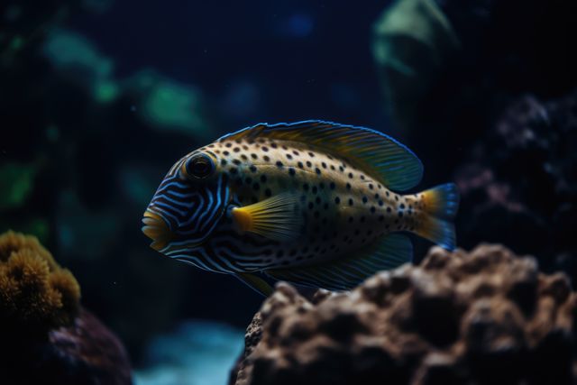 Yellow tropical fish with pattern and coral reef in sea, created using generative ai technology. Fish, animals and nature concept, digitally generated image.