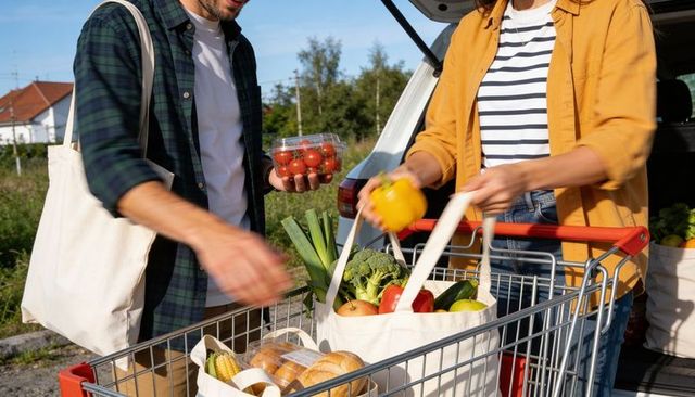 Couple loading fresh organic groceries into cart from car trunk using reusable canvas bags