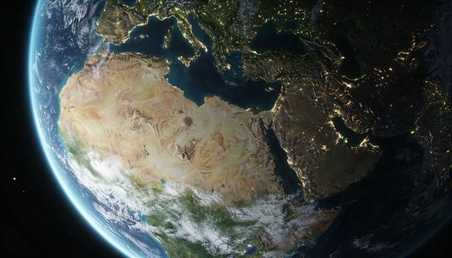 Orbital view of north africa and middle east at night and day showing sahara and nile