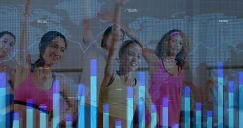 Active Women in Fitness Class Celebrating Unity with Data Overlay