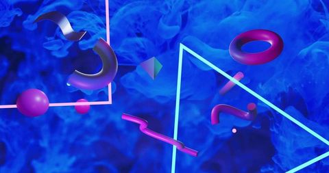 Floating 3d geometric forms emitting neon cyan and magenta glow over deep blue smoke