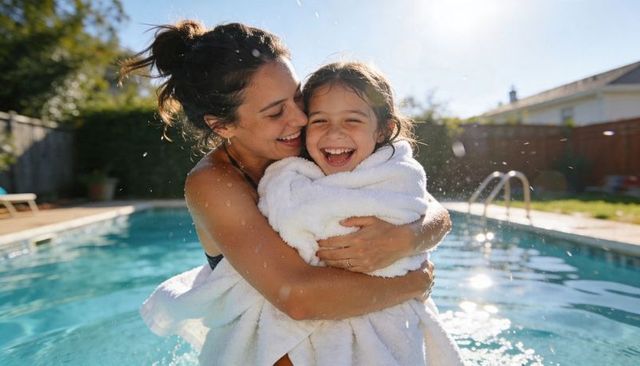 Sunlit backyard pool hug, mother wrapping laughing child in towel after swim, family bond