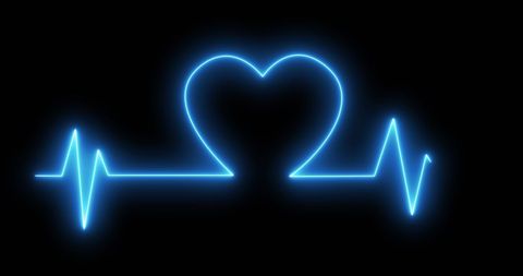 Blue heartbeat with heart shape neon design on black background