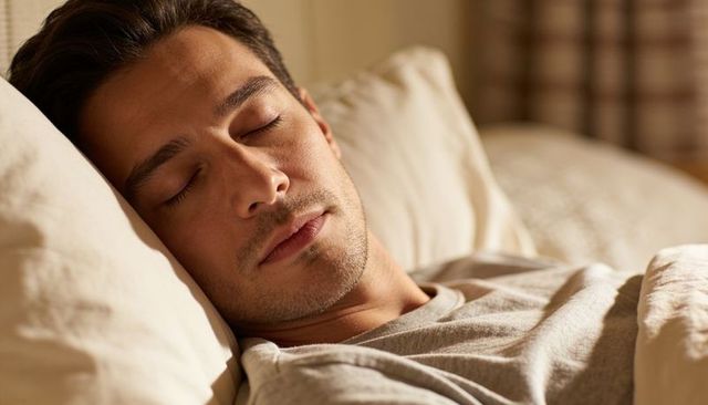 Man sleeping peacefully on bed with pillow and duvet in cozy ambient bedroom closeup portrait