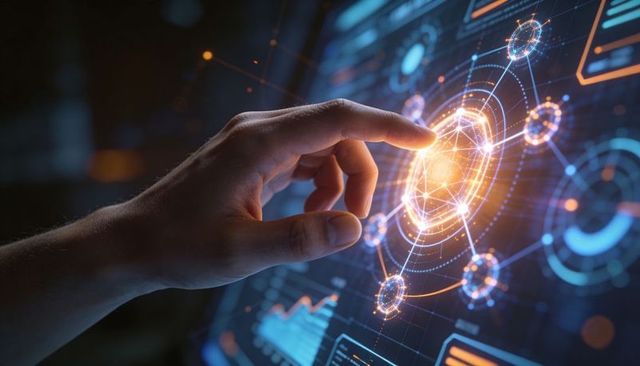 Human Hand Touching Futuristic Augmented Reality Network Interface with Glowing Data Hub