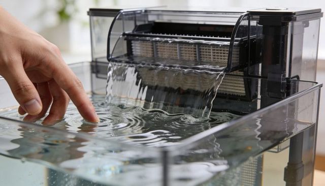 Finger touching aquarium water near filter creating ripples and waterfall flow