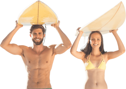 Smiling Surfer Couple Holding Surfboards On Transparent Background