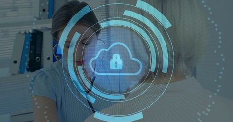 Nurse consulting patient with cloud lock hud showing healthcare data privacy and security