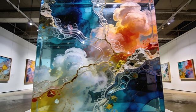 Contemporary clear resin cube sculpture with vivid inclusions, fluid veining, gallery display