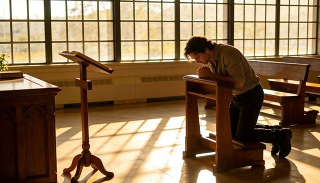 Sunlit man kneeling at wooden prie-dieu praying in chapel during golden hour, faith