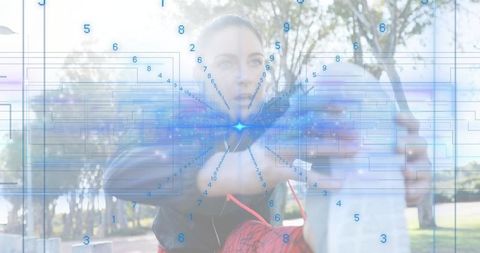 Fitness trainer assisting client with raised leg stretch in park using ar overlay