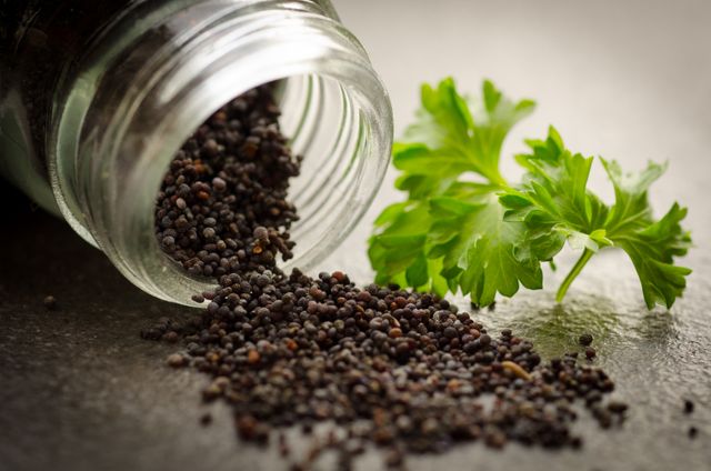 This image showcases a close-up view of organic poppy seeds spilling from a glass jar beside a fresh parsley leaf. Ideal for use in culinary blogs, cookbooks, healthy food articles, and recipes involving spices and fresh ingredients.