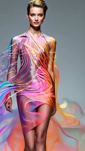 Runway Model Walking Vertical Video Showcasing Flowing Translucent Colorful Couture Dress