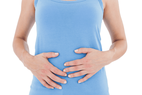 Woman Experiencing Stomach Pain Wearing Blue Tank Top Isolated on Transparent Background