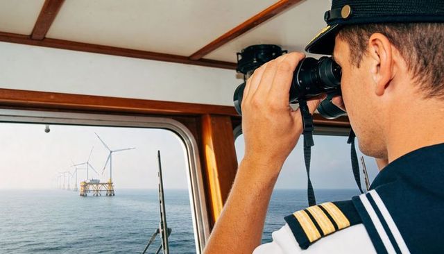 Ship captain scanning offshore wind farm through binoculars from wheelhouse bridge