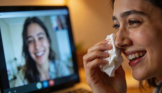 Wiping tears and smiling during emotional late-night video call on laptop