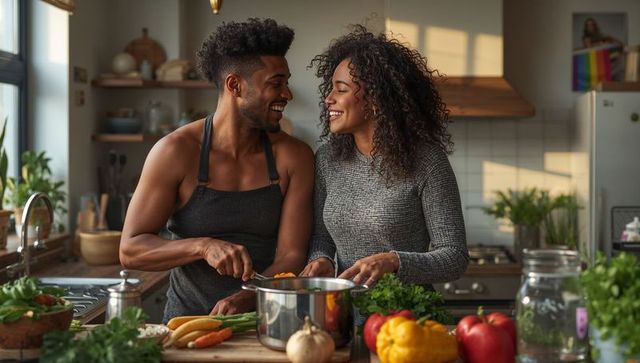 Smiling couple cooking together in cozy sunlit kitchen preparing fresh vegetable stew
