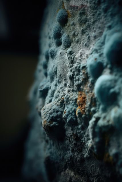 Detailed macro shot of fungal growth showing texture and colors, useful for scientific illustrations, educational materials on biology and ecology, or backgrounds for organic and natural themes.
