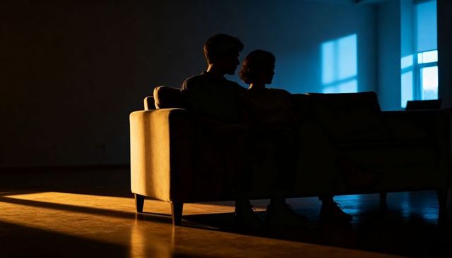 Silhouetted couple sitting on sofa with dramatic warm and cool lighting and long shadows