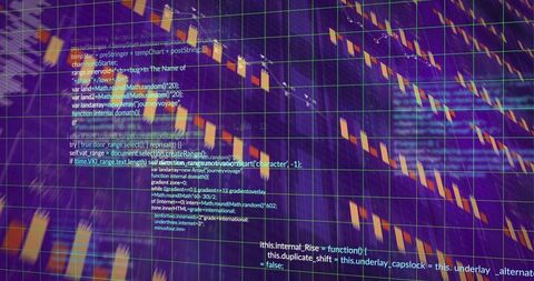 Neon candlestick trading chart with green grid and code overlay for fintech UI