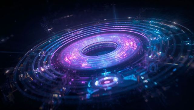 Futuristic digital interface with holographic neon rings
