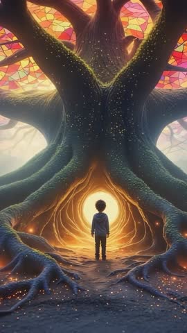 Vertical fantasy video featuring hooded child exploring glowing tree tunnel with ember-lit roots