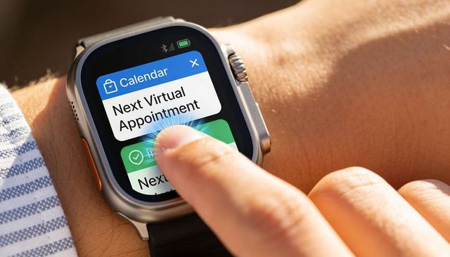Tapping rugged smartwatch on wrist showing Next Virtual Appointment card macro in daylight