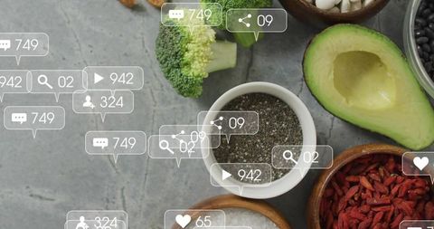 Superfood flatlay: chia seeds, halved avocado, broccoli, goji berries with social overlays