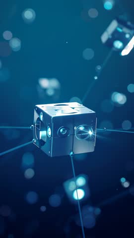 Rotating Metal Cube Node Glowing Teal, Pulsing Data Along Rod Connectors Vertical Video