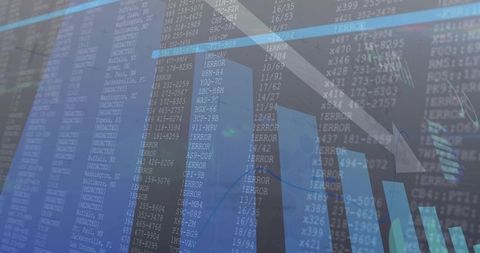 Financial dashboard showing error-coded analytics and falling bars with blue glass overlay