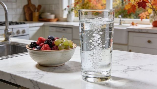 Tall glass fizzing with sparkling water on marble countertop with fresh berry bowl