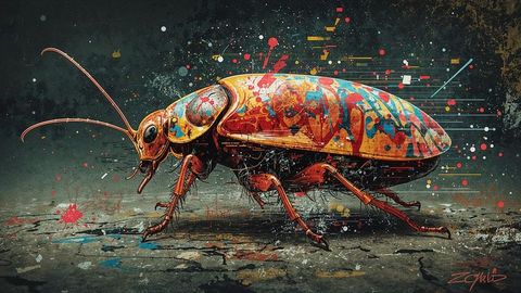 Crawling graffiti beetle with colorful abstract patterns on pavement