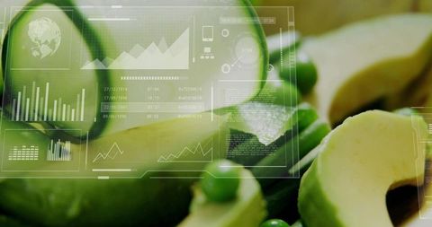Avocado nutrition overlay with analytics hud for food science and sustainable agriculture