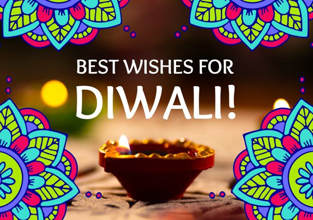 Colorful Diwali Wishes with Traditional Oil Lamp and Floral Borders - Download Free Stock Templates Pikwizard.com