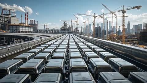 Advancing camera capturing automated pods on elevated tracks amid construction cranes