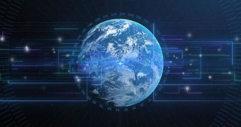 Visualizing Global Data Network Rotating Earth with Holographic HUD and Compass Overlay