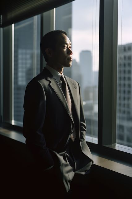 Business professional in formal attire looking out window with city skyline in background. Ideal for themes related to confidence, leadership, corporate environment, entrepreneurship, success, and urban life. Suitable for use in business articles, corporate websites, leadership blogs, and promotional materials.