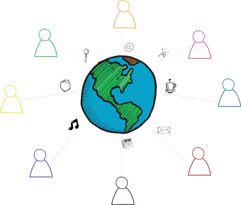 Transparent earth illustration with colorful human shapes surrounding