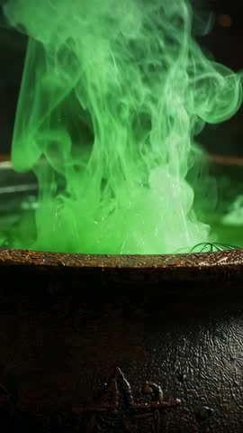 Vertical video of glowing green vapor rising and swirling from engraved metal cauldron