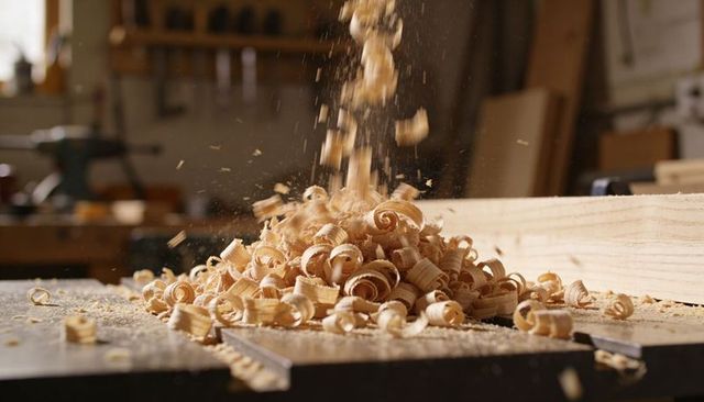 Falling wood shavings and sawdust spiraling from planed board on workshop bench closeup