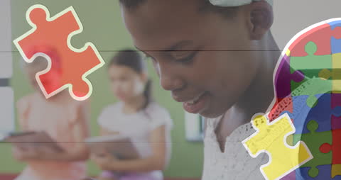 Diverse Students Engaging with Tablets and Puzzle Animation